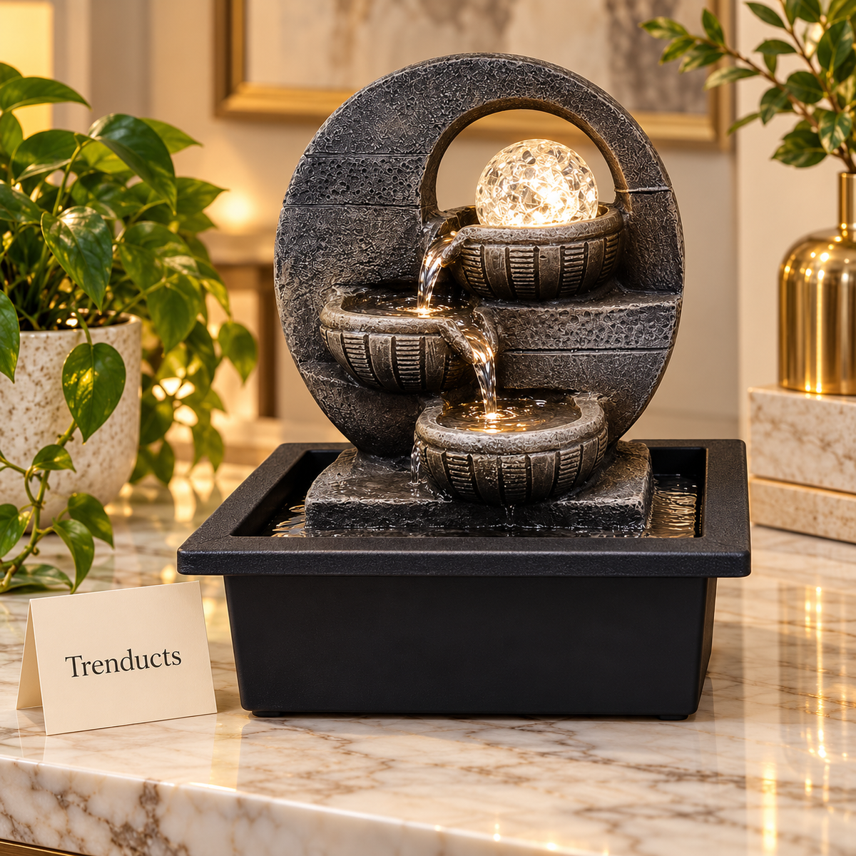 Circular Arch Bronze Tabletop Fountain with LED Crystal Ball – 3-Tier Indoor Water Feature