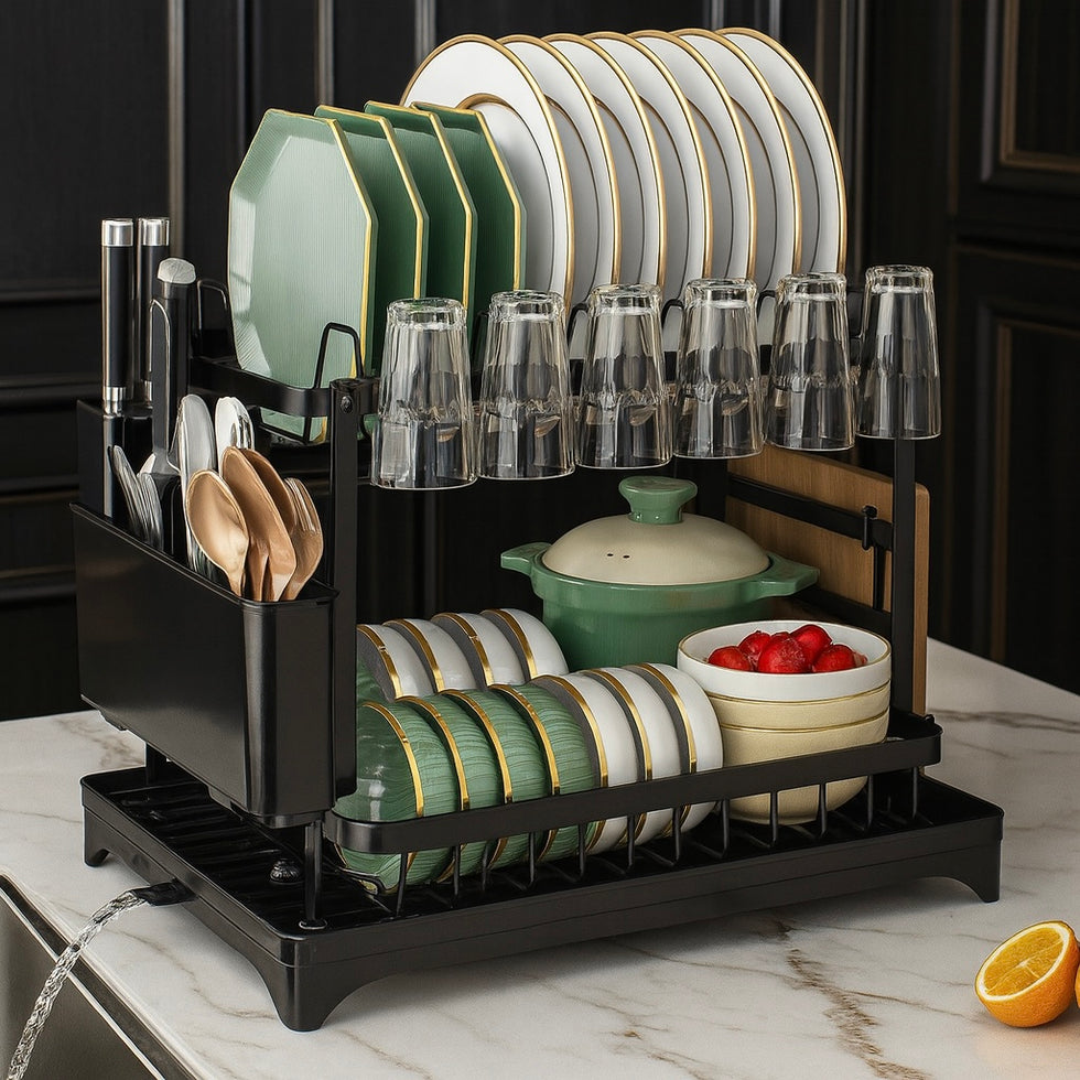 2 Tier Dish Drying Rack with Utensil Holder - Trenducts.pk