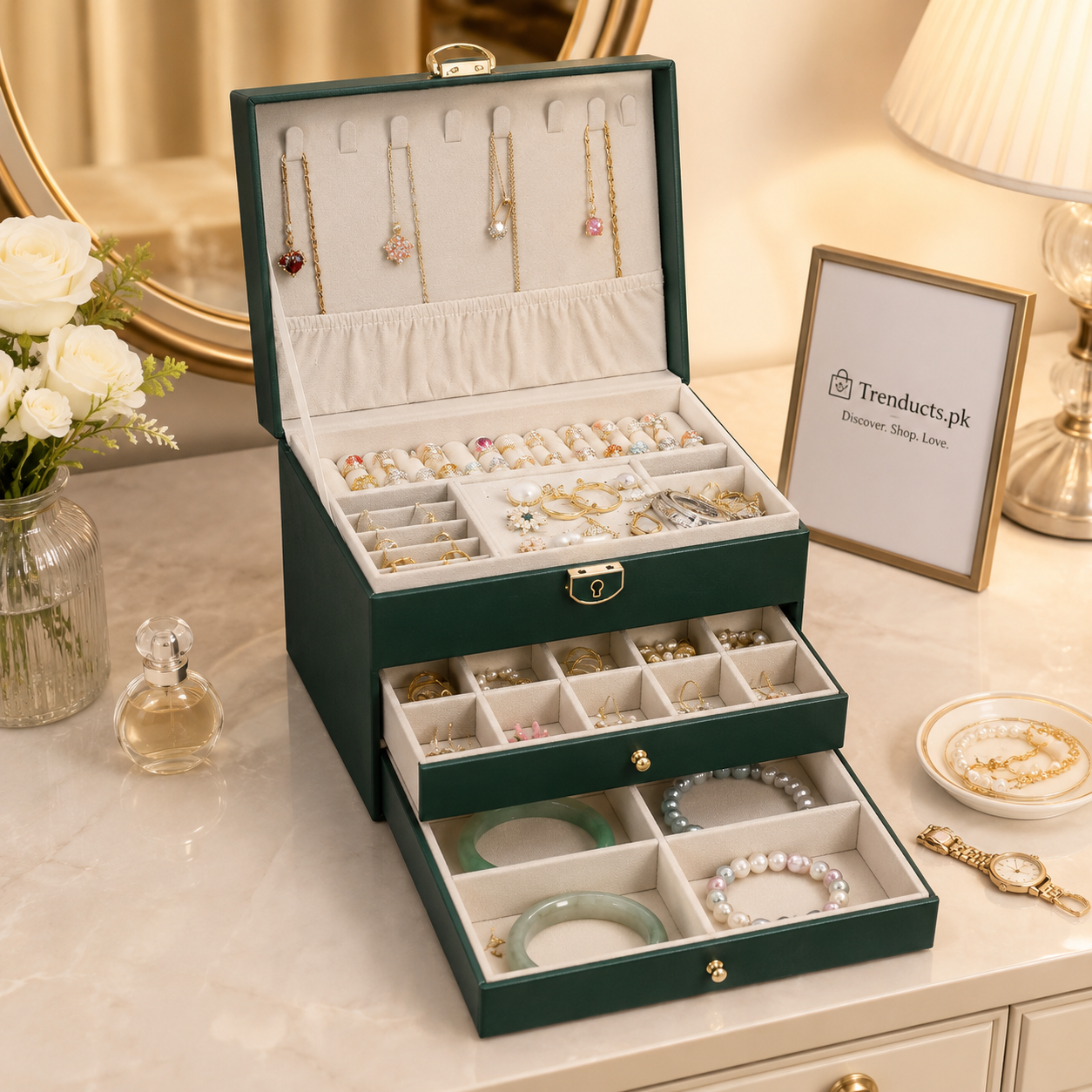 3-Layer Leather Jewelry Box - Professional Locked Organizer