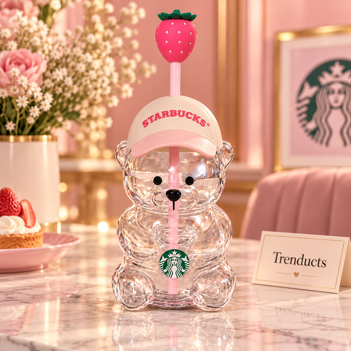 Cute Bearista Sipper with Straw & Strawberry Topper