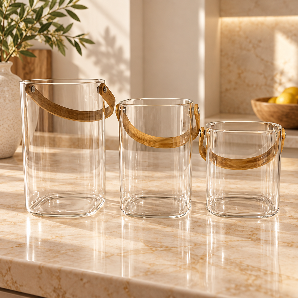 Clear Glass Bucket with Curved Handle