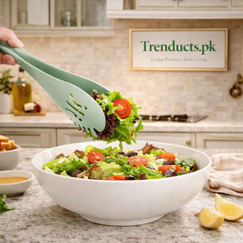 Pair of polished stainless steel salad serving spoon and fork with long handles on a white background - Trenducts Pakistan