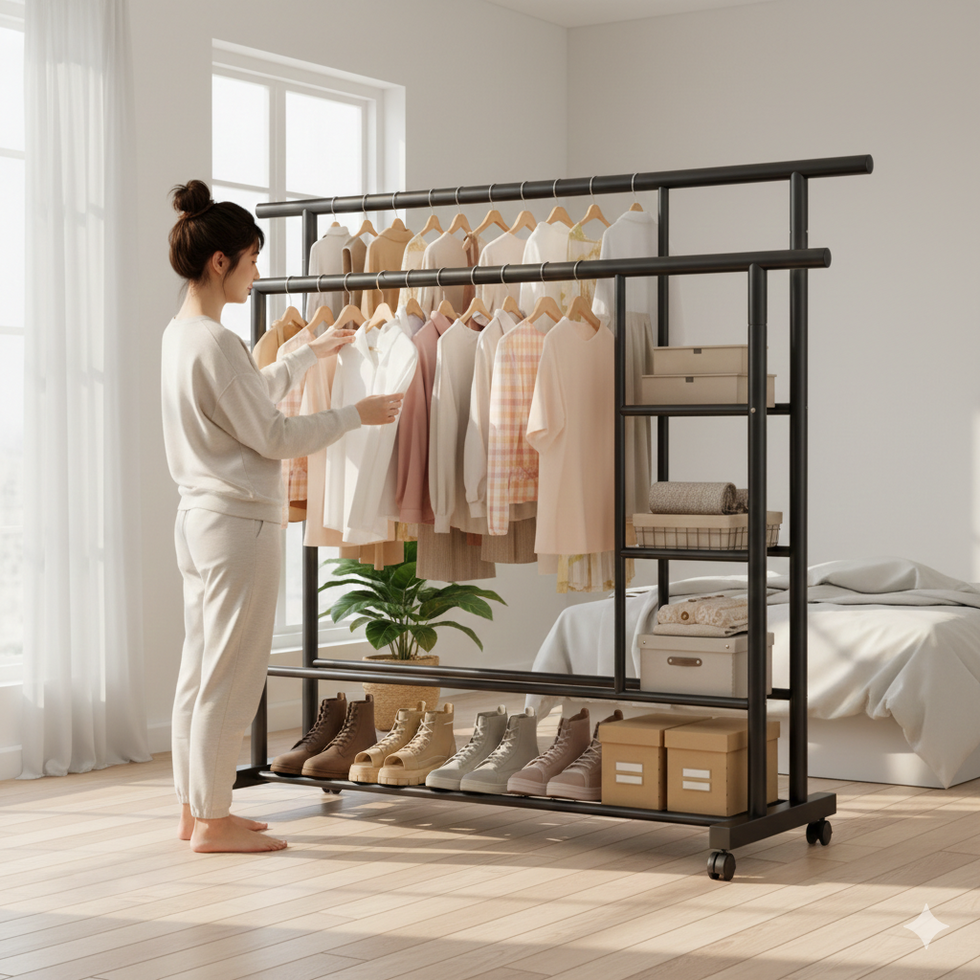 Heavy-Duty Double-Rod Clothes Rack with Storage Shelves & Wheels