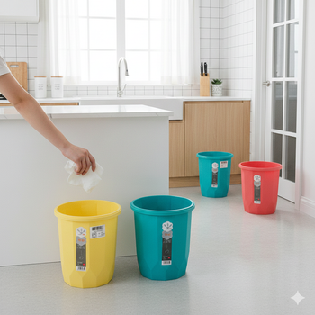 A stylish, vibrant colorful trash can placed beside a modern desk in a home office setting.
