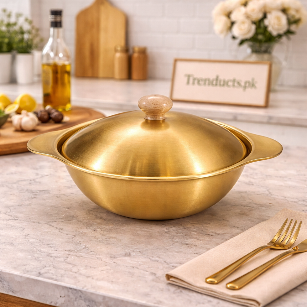 Premium Golden Serving Bowl with Wooden Knob Lid