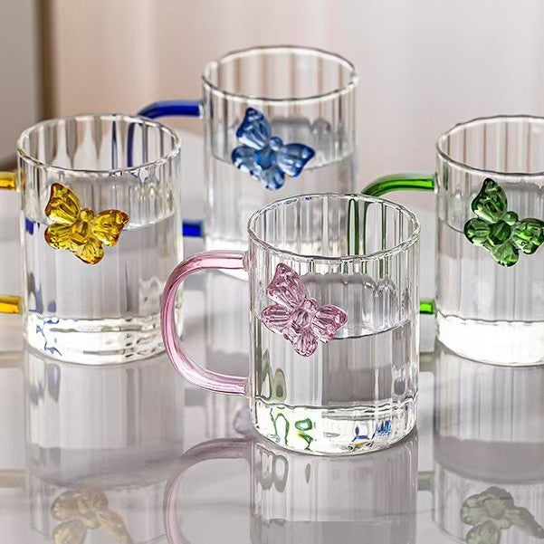 High Borosilicate 3d Butterfly Striped Glass Water Cup Creative Colored Handle Glass Water Cup