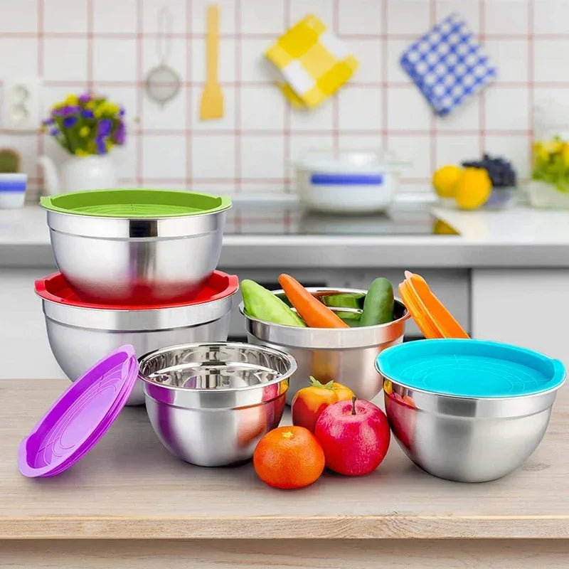 5-Piece Stainless Steel Mixing Bowl Set with Lids – Nesting Salad & Prep Bowls