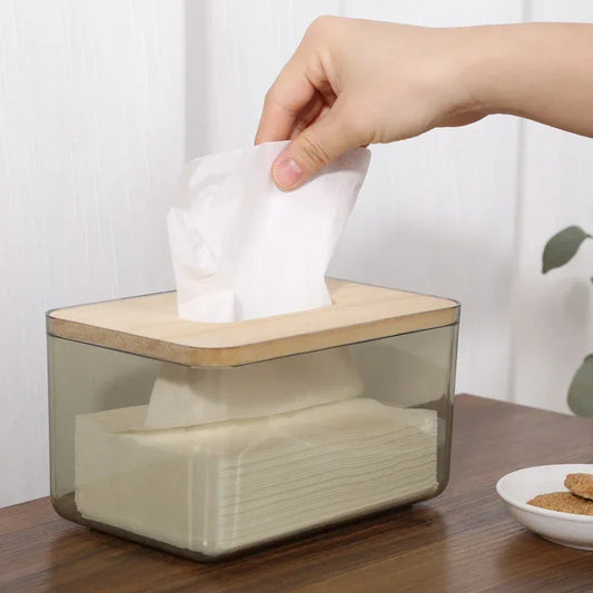 Wooden cover U-shaped wide mouth tissue box living room transparent simple desktop drawer household tissue case storage box - Clarify.pk