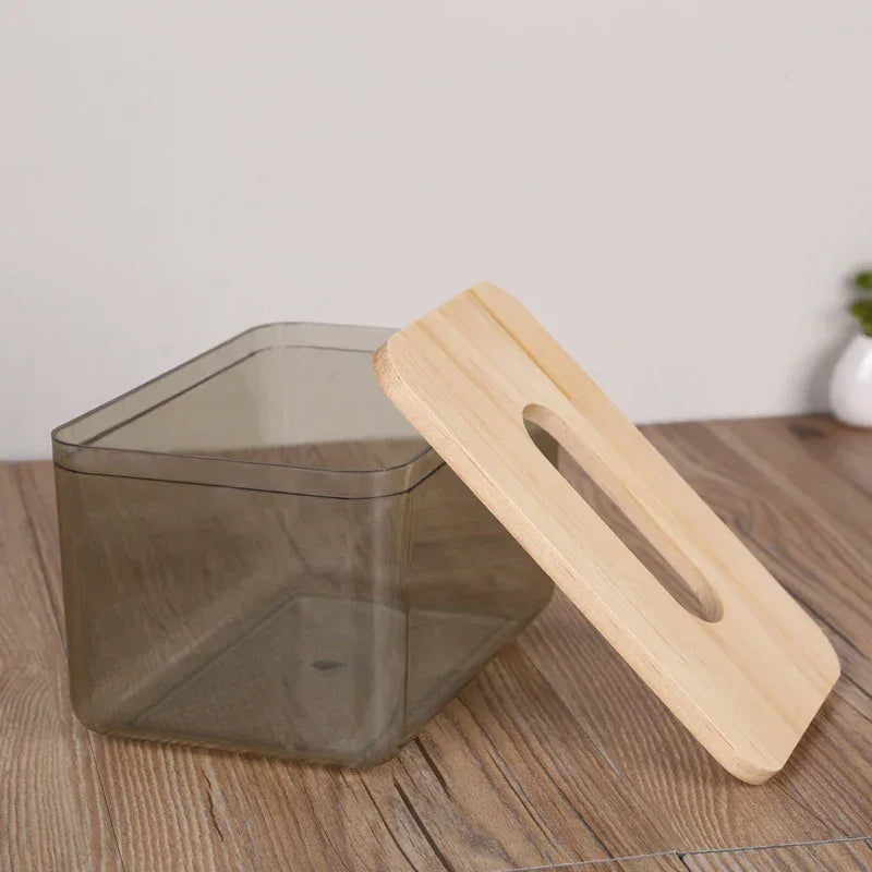 Wooden cover U-shaped wide mouth tissue box living room transparent simple desktop drawer household tissue case storage box - Clarify.pk