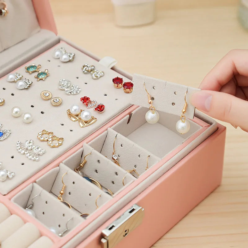 Double Layer Jewelry Organizer Box - Lockable Cosmetic Storage Case