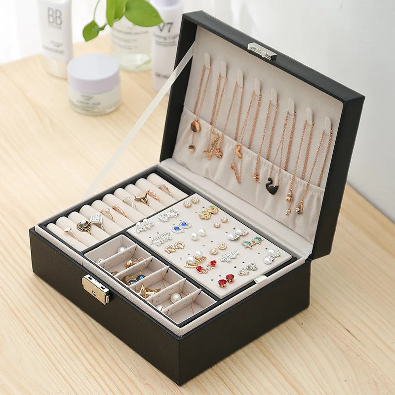 Double Layer Jewelry Organizer Box - Lockable Cosmetic Storage Case