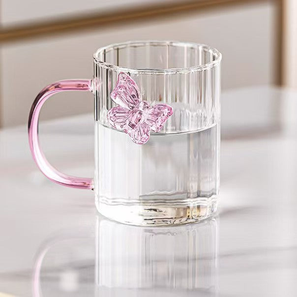 High Borosilicate 3d Butterfly Striped Glass Water Cup Creative Colored Handle Glass Water Cup