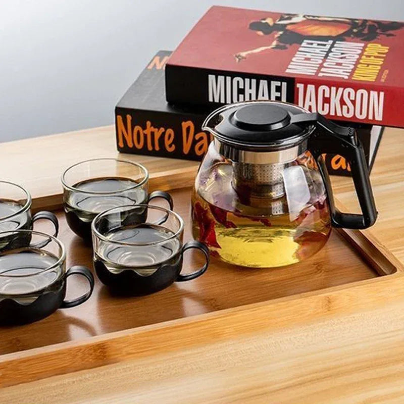 Heat Resistant Glass Teapot Set – 900ml Kettle with Stainless Steel Filter & 4 Cups - Clarify.pk