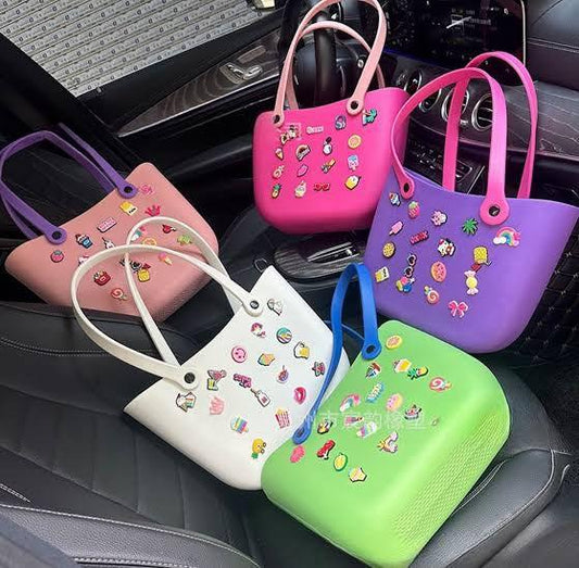Cute Crocs Body Charm Bag – Soft Rubber Tote with Decorative Pins