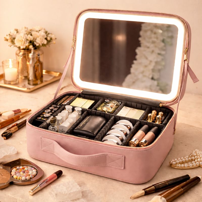 Smart LED Makeup Case with Mirror, Portable Storage - Trenducts.pk