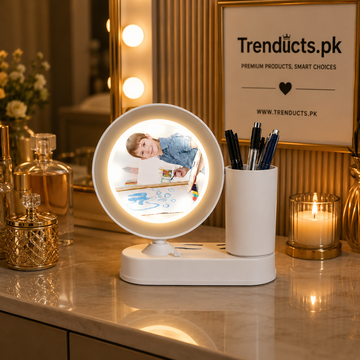 Premium Circle Photo Frame with Integrated Pen Holder Desk Organizer
