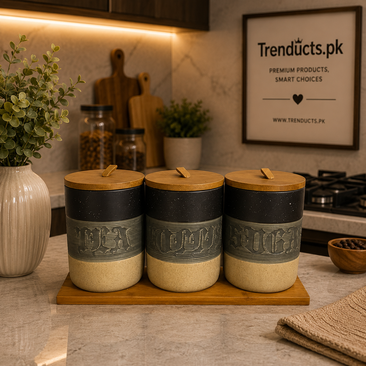 Trio 3-Piece Ceramic Jar Set - Luxury Tea, Sugar & Coffee Canister with Wooden Base