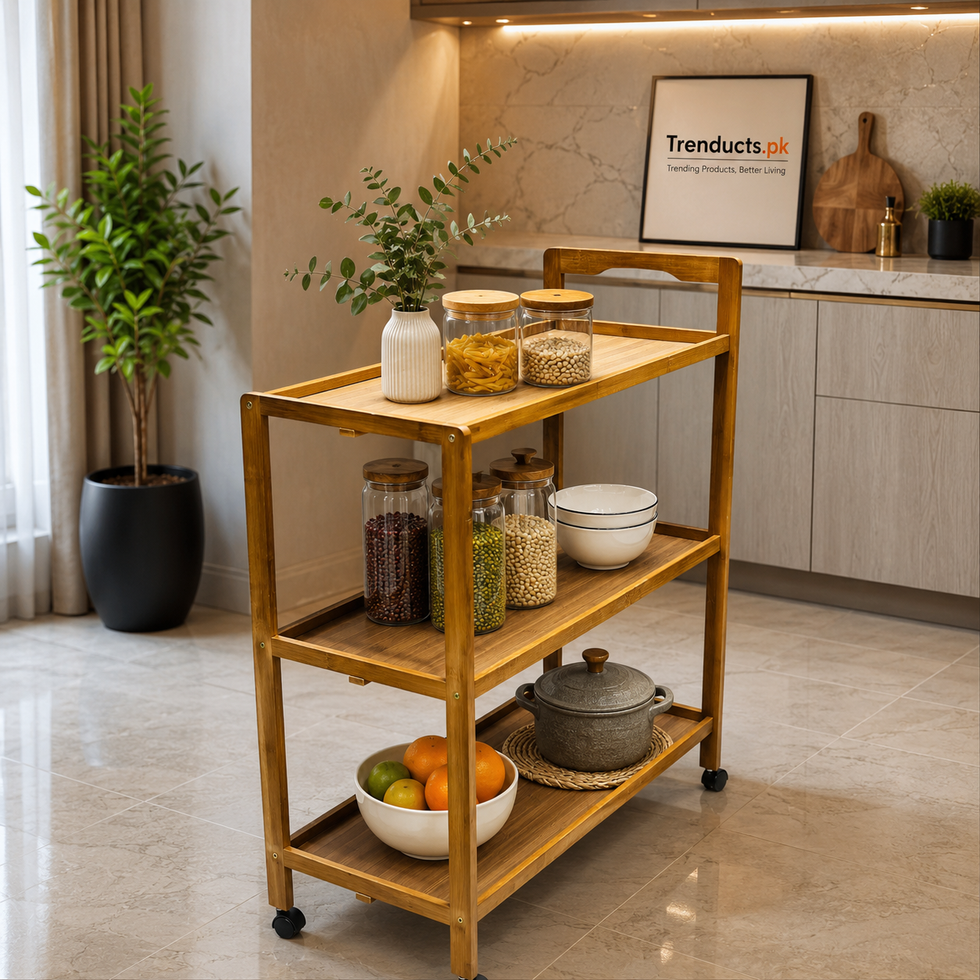 Premium 3-Tier Bamboo Pantry & Kitchen Utility Trolley