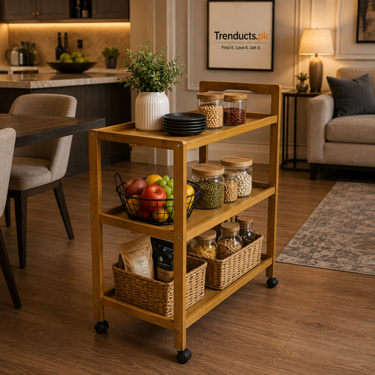 Premium 3-Tier Bamboo Pantry & Kitchen Utility Trolley