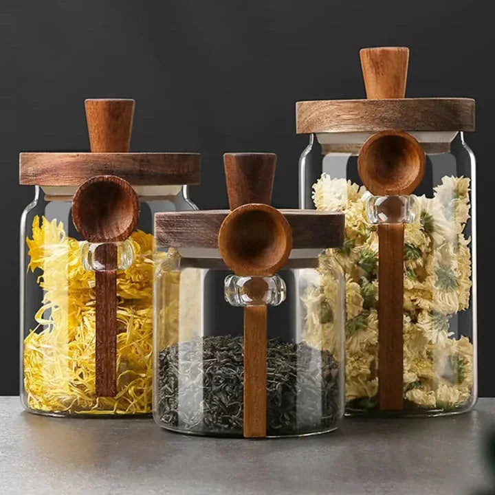 Wooden Knob Glass Jar with Spoon – Kitchen Storage - Clarify.pk