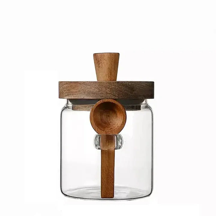 Wooden Knob Glass Jar with Spoon – Kitchen Storage - Clarify.pk
