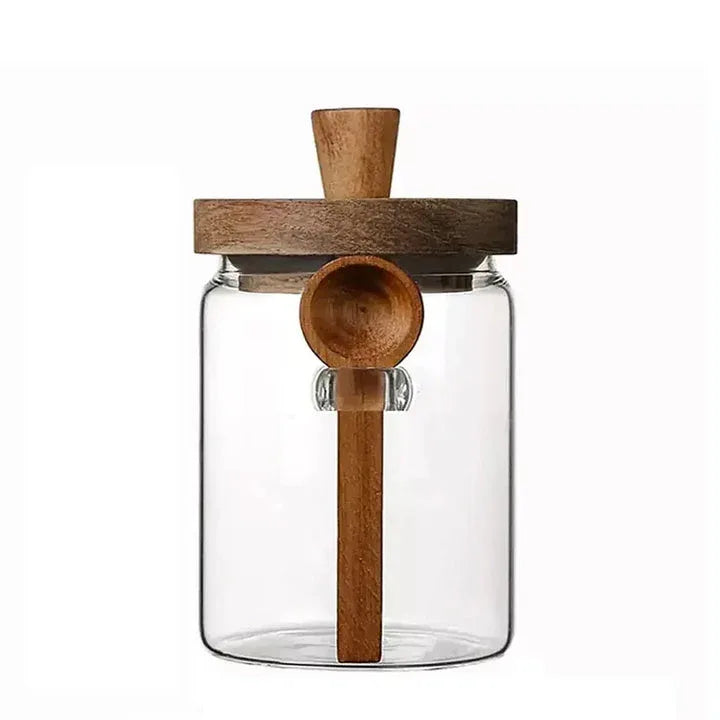Wooden Knob Glass Jar with Spoon – Kitchen Storage - Clarify.pk