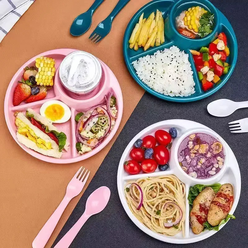 4 Compartment Round Dinner Plate with Fork & Spoon – Microwave Safe