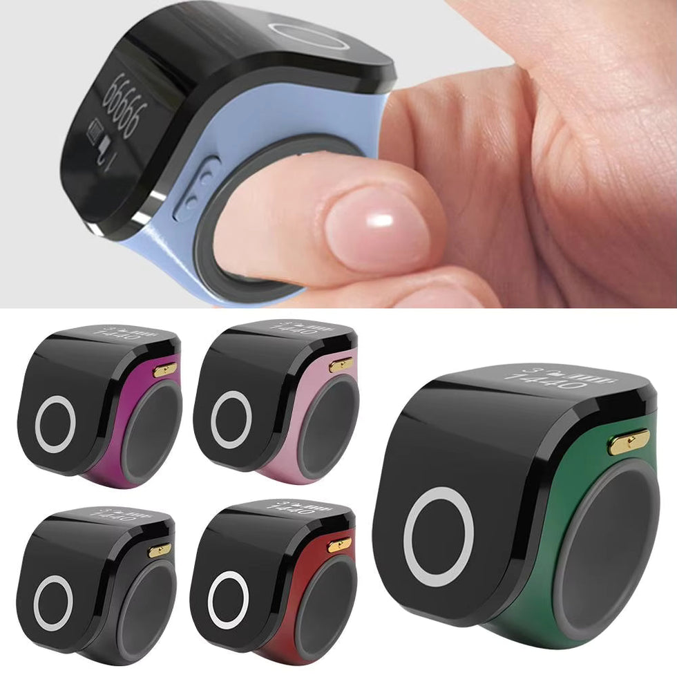 Smart Zikr Ring – Premium Rechargeable Digital Tasbih with HD LED & Mobile App Sync
