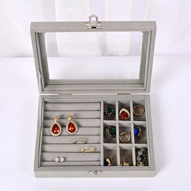 Velvet Jewelry Storage Organizer - Luxury Glass Lid Ring & Necklace Box (Random color)