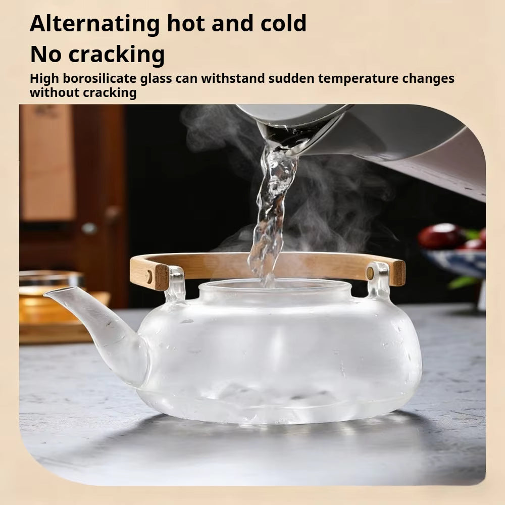 Borosilicate Glass Kettle – Elegant Heat-Resistant Stovetop Teapot with Natural Bamboo Handle & Infuser