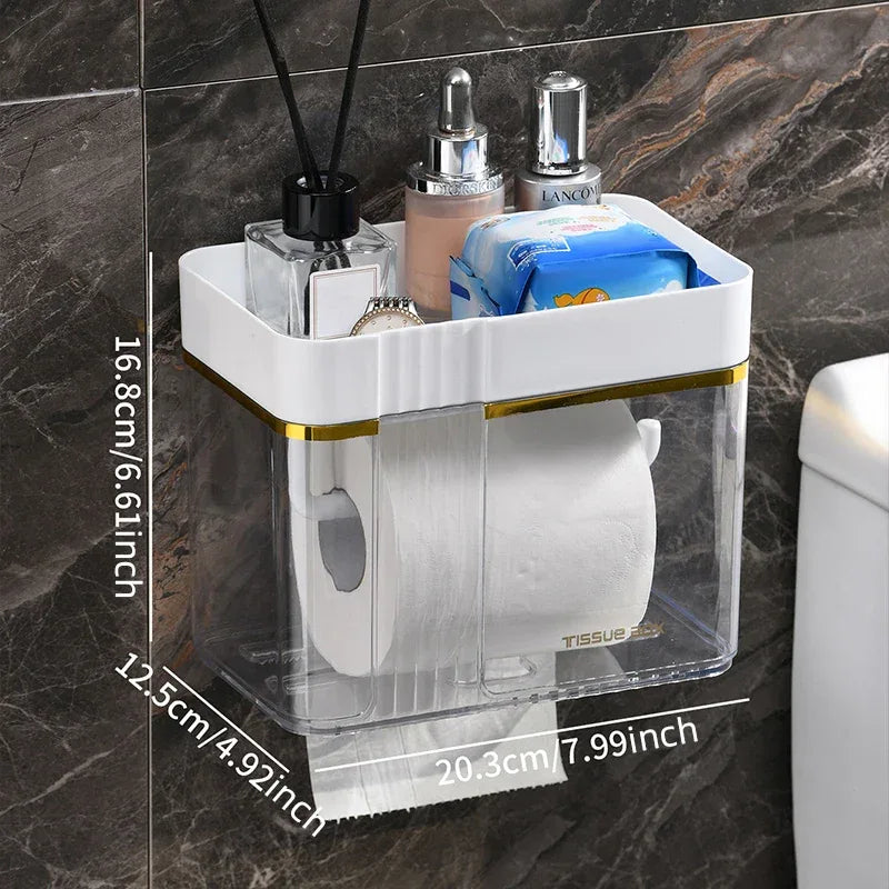 Punch-Free Toilet Paper Holder Box – Waterproof Bathroom Tissue Organizer with Storage Shelf - Clarify.pk