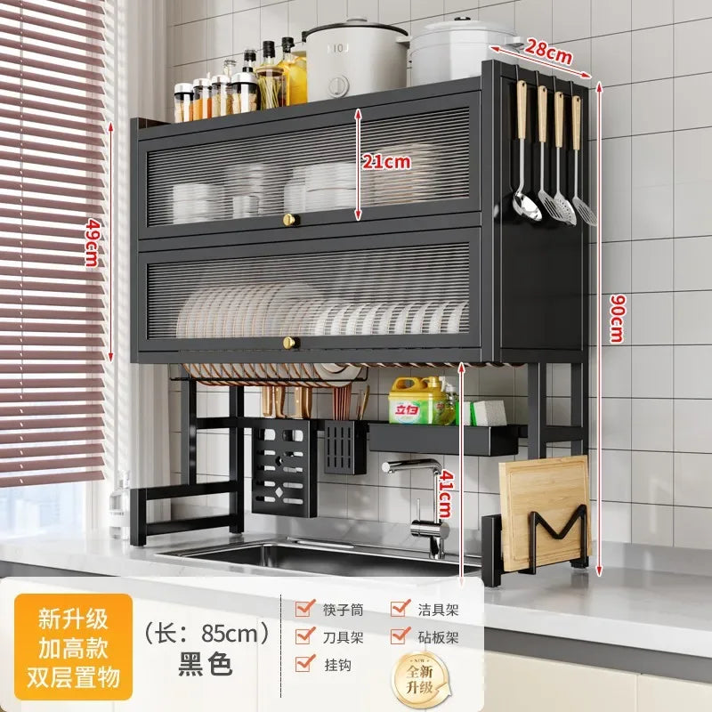 Double-Layer Kitchen Counter Dish Rack – Sink Drain Organizer with Knife Cup & Chopstick Tube - Clarify.pk