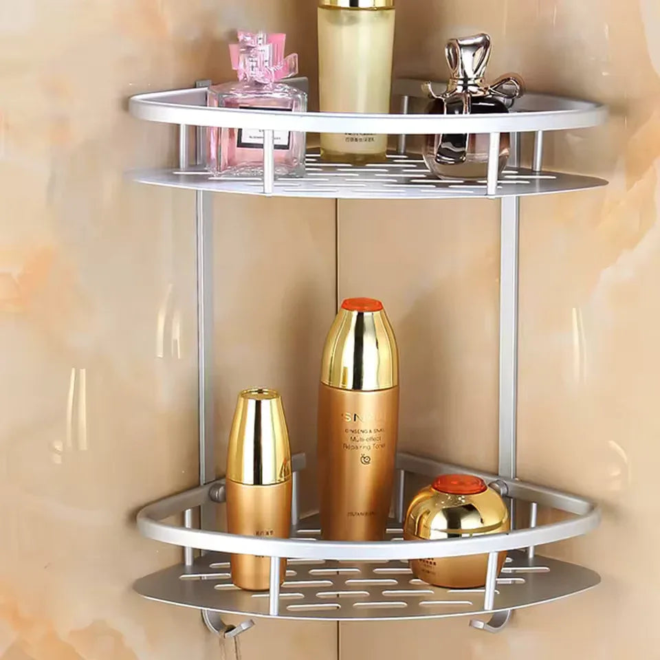 Corner Wall-Mount Bathroom Storage Rack – Aluminum No-Drill Shower Shelf