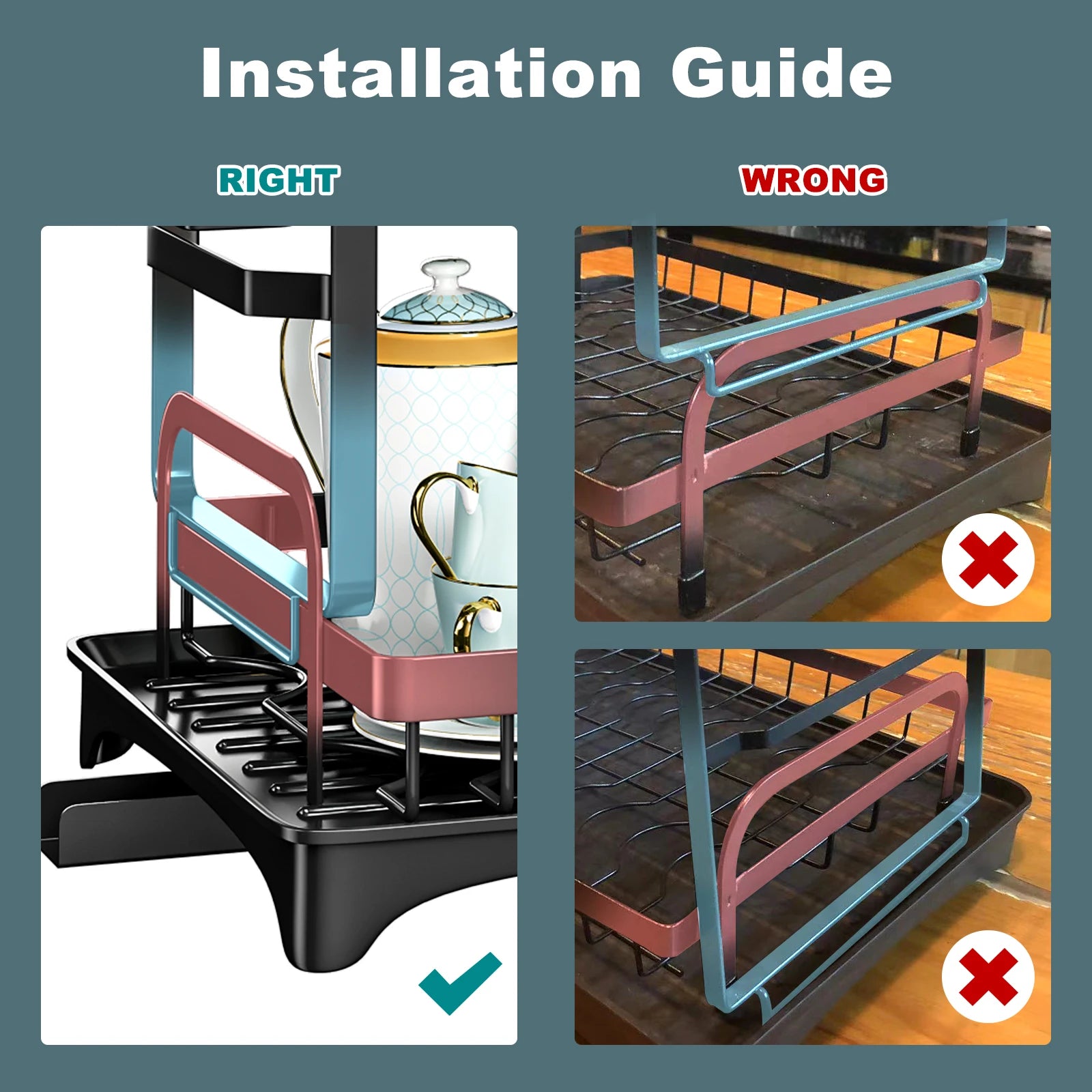 2tier Multipurpose Dish drying Rack for Kitchen countertop with Cups rack Utensil Holder Cutting Board Space-Saving Black White