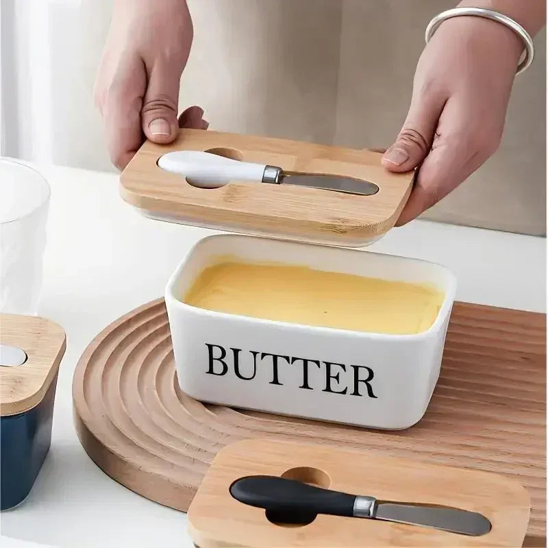 Ceramic Butter & Cheese Container with Wooden Lid - Clarify.pk