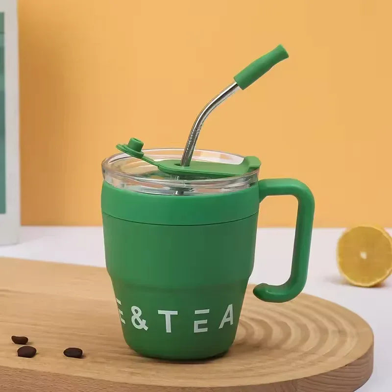 سٹینلیس سٹیل سٹرا ڈھکن کی بوتل 480ml - گرم اور ٹھنڈا تھرموس (بے ترتیب رنگ)