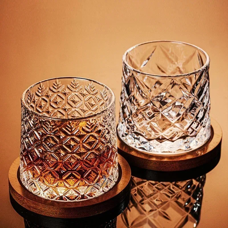 Rotating Whisky Glass Cup with Bamboo Coaster - Clarify.pk
