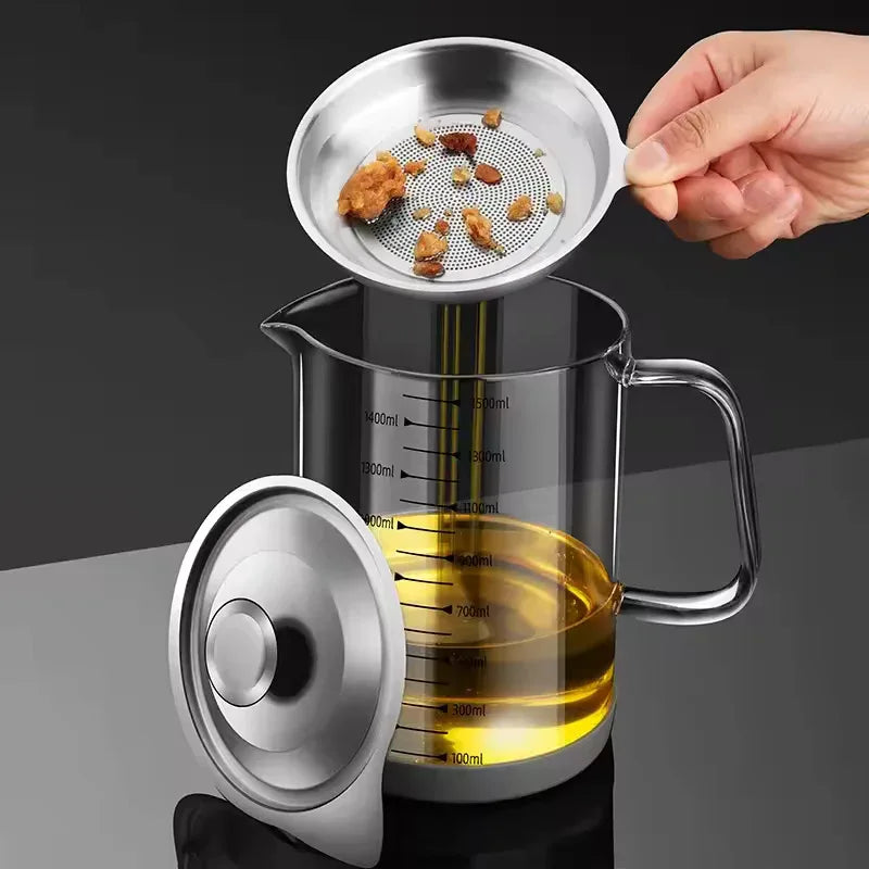 Transparent Glass Oil Filter Pot – Kitchen Grease Separator with Scale (1L) - Clarify.pk