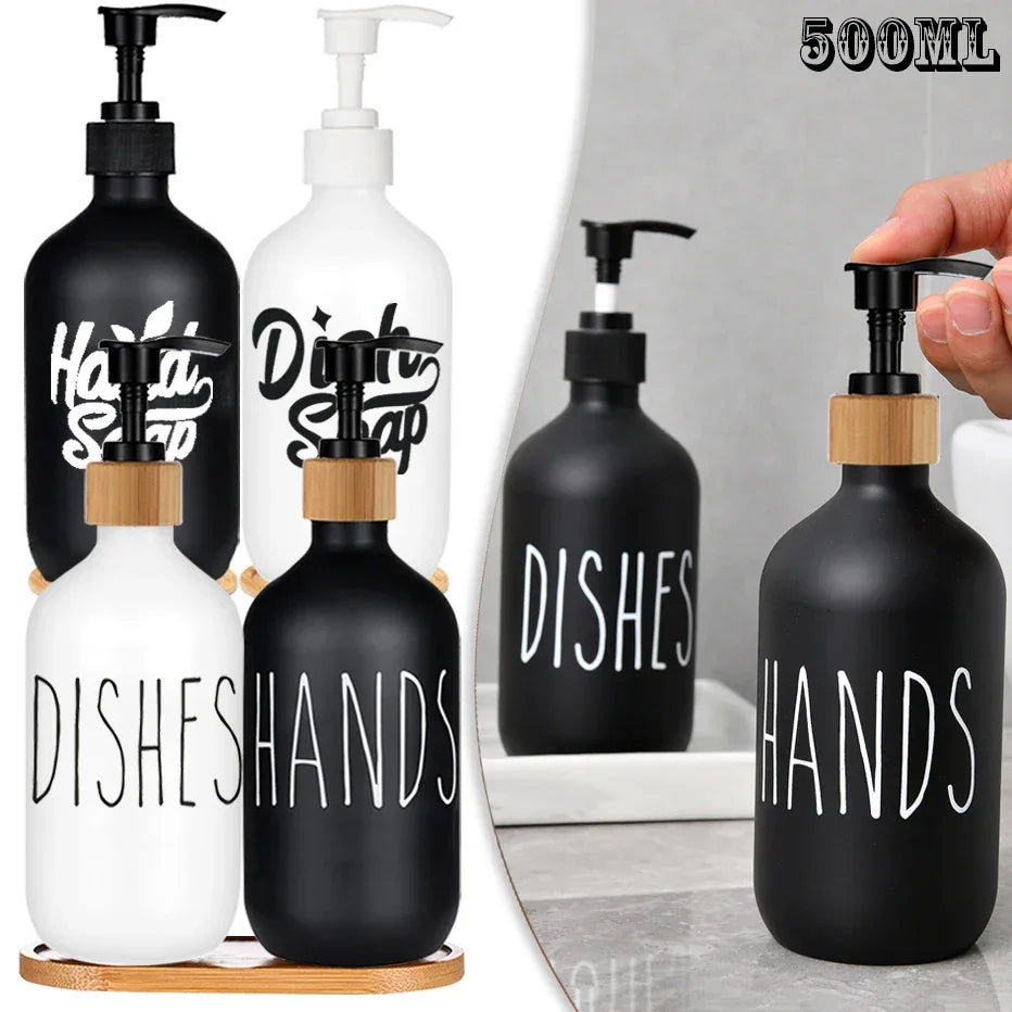Matte Black & White Soap Dispenser Set with Bamboo Pump - Clarify.pk