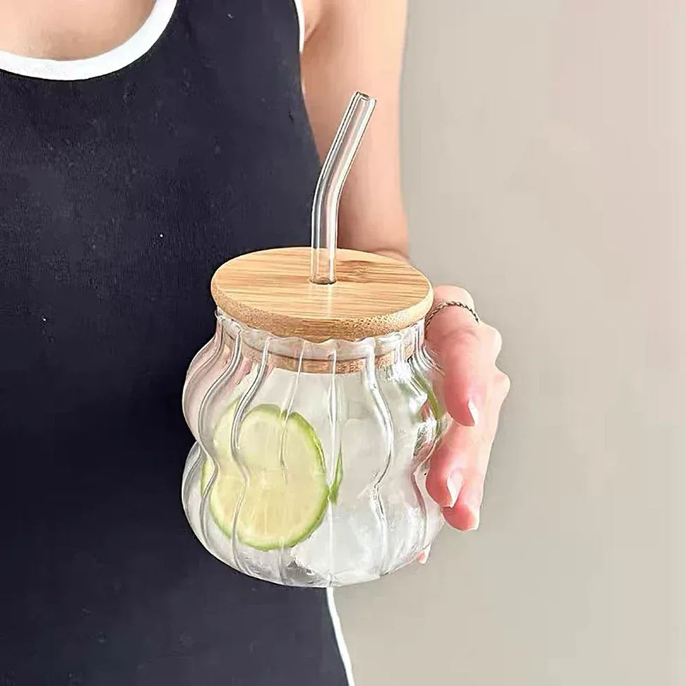 لکڑی کے ڈھکن کے ساتھ اسٹرا گلاس 350ml