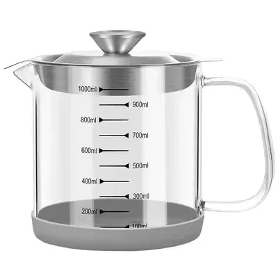 Transparent Glass Oil Filter Pot – Kitchen Grease Separator with Scale (1L) - Clarify.pk