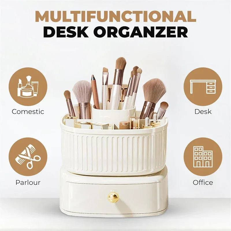 360° Rotating Makeup Brush Holder with Drawer – 5 Slot Organizer
