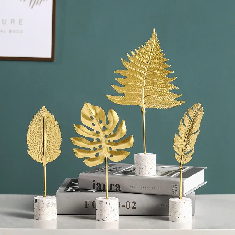 Golden Metal Leaf Desktop Decor - Luxury Home Ornament