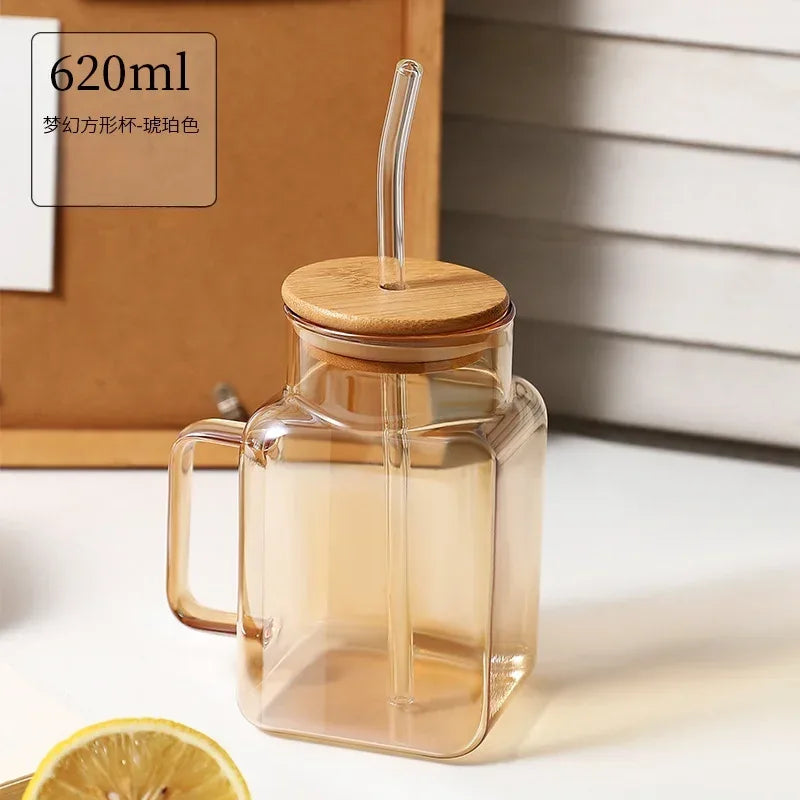 Square Mason Jar with Straw – Glass Drinking Cup (620ml) - Clarify.pk