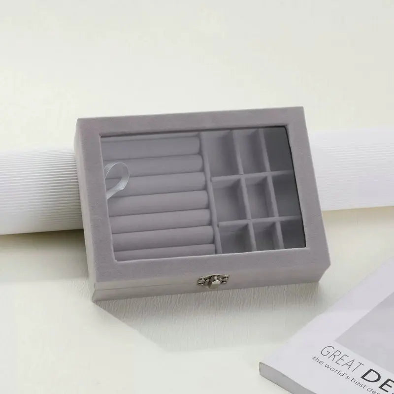 Velvet Jewelry Storage Organizer - Luxury Glass Lid Ring & Necklace Box (Random color)