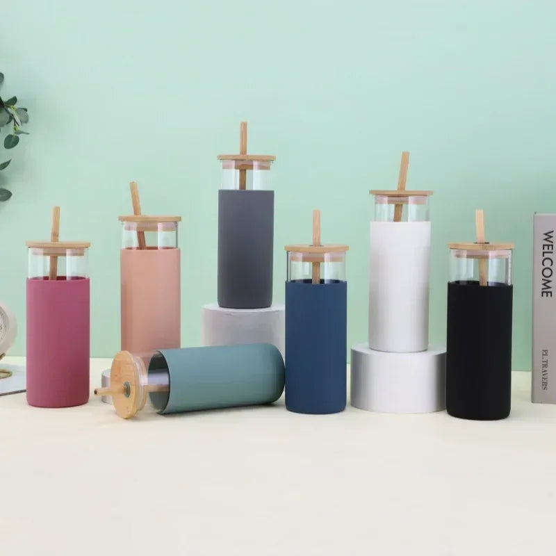 Glass Tumbler with Bamboo Lid With Random Color Cover - Clarify.pk