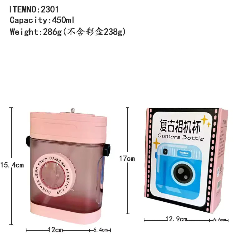 400ml کیمرے کی شکل والی پانی کی بوتل - پٹے کے ساتھ Kawaii سٹرا بوتل