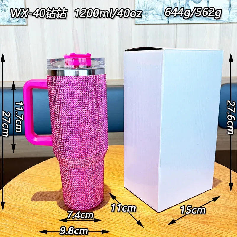 ہینڈل کے ساتھ پریمیم 40oz Rhinestone Bling Tumbler (رینڈم کلر)