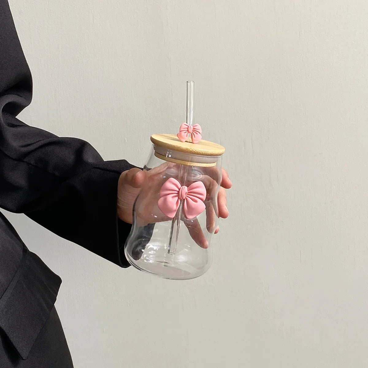 Bow Glass Water Cup with Straw – Cute Drinking Cup (400ml) - Clarify.pk