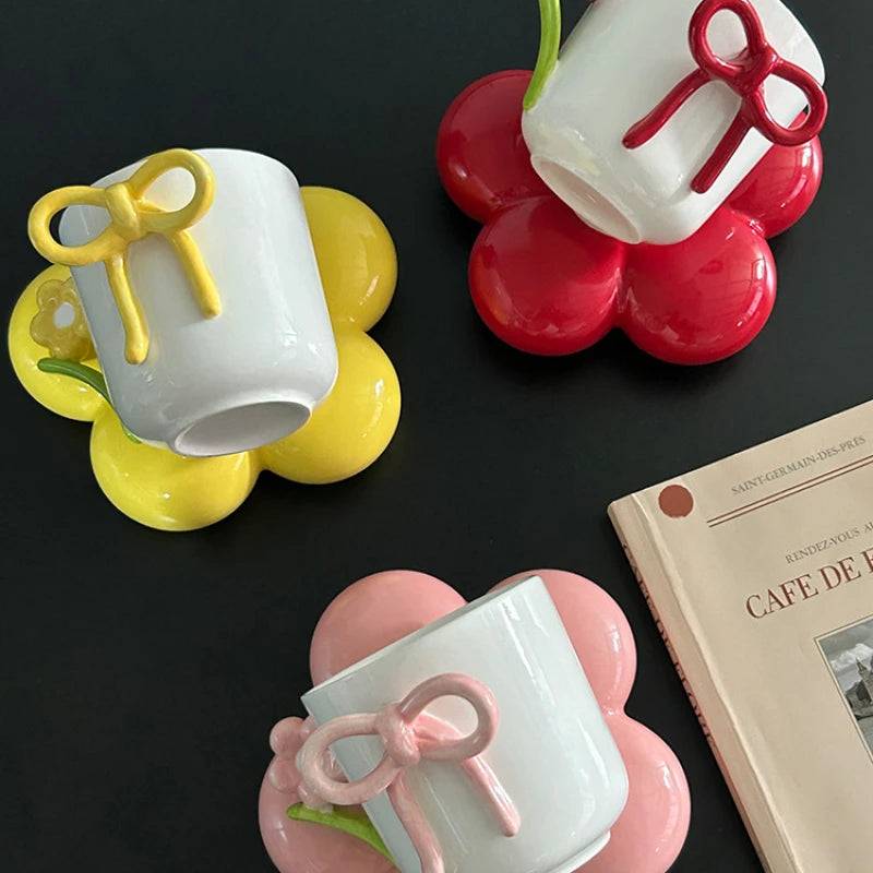 Creative Bow Ceramic Mug Home Three-dimensional Flower Coffee Cup Saucer Exquisite Girls Office Breakfast Milk Cup Birthday Gift